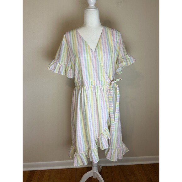 Boutique XL Stripe Wrap Dress Preppy Coastal Ruffle Pastel Tie Peasant Boho - Picture 1 of 5